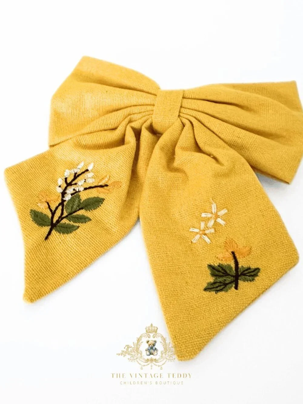 NWT Lovely Girls Embroidered Floral Hair Bow Clip-On Kids Hair Accessory Mustard